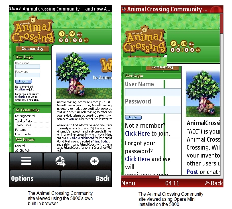 Comparison of 5800's own browser and Opera Mini