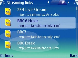 Screenshot of the built-in Realplayer software with a list of stations installed