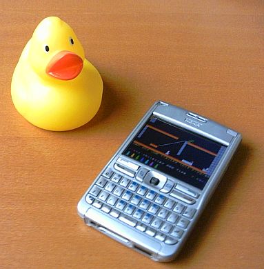 Nokia E61 running Jet Set Willy on the Speccy emulator. And a rubber duck.