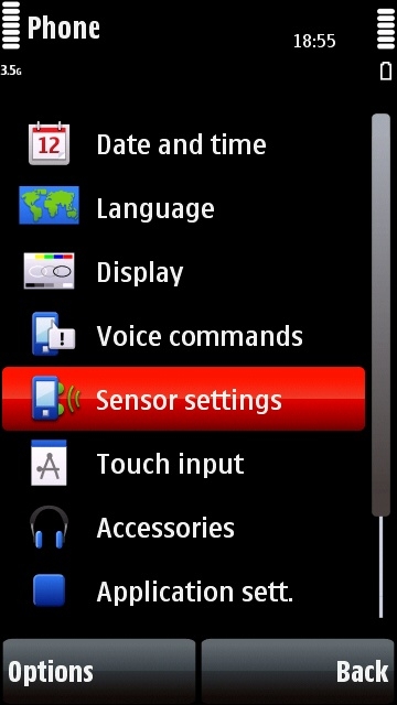 Nokia 5800 phone settings page