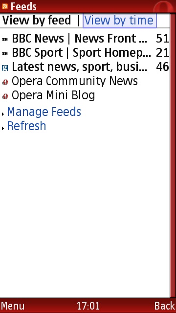 Opera Mini feeds page