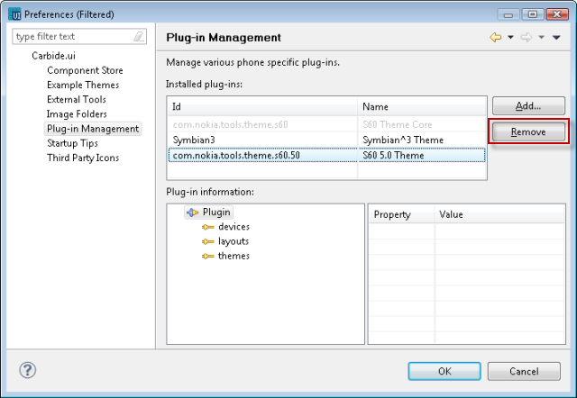 Removing a plug-in from the Preferences option