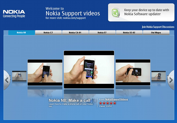 The feature video selector at Nokia's support channel on YouTube The feature video selector at Nokia's support channel on YouTube