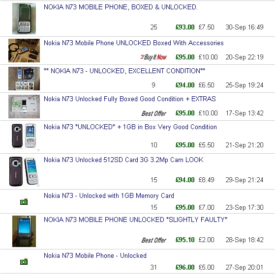 Unlocked Nokia N73s sold recently on eBay Unlocked Nokia N73s sold recently on eBay