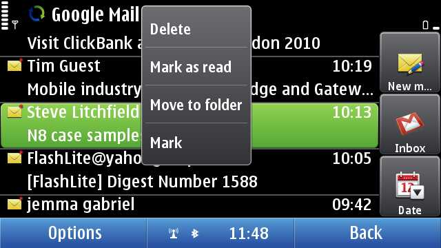 N8 Screenshot showing long tap menu