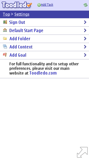 Toodledo Slim settings page