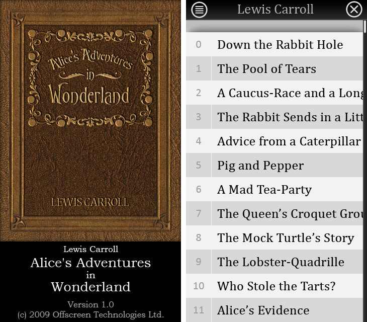 Alice's Adventures in Wonderland e-book application