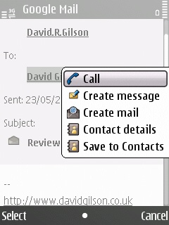 E55 E-mail application, contact context menu