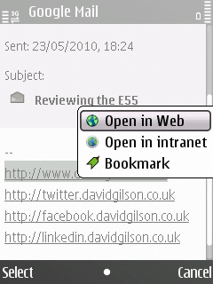 E55 E-mail application, URL context menu