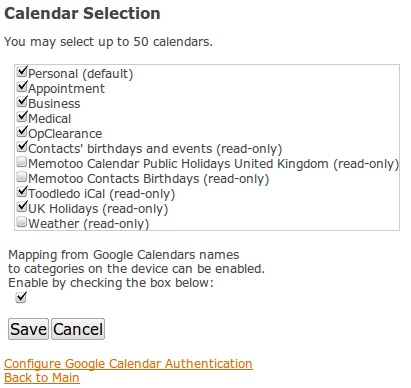 NuevaSync's Google calendar selection page