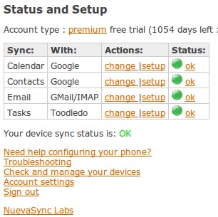 The NuevaSync control panel