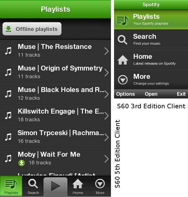 The initial screen of Spotify on S60 3rd and 5th edition.