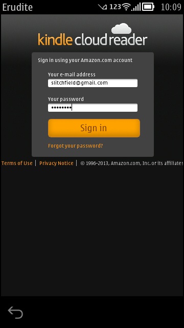 Screenshot, Erudite (Kindle for Symbian)