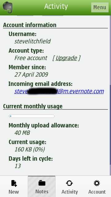 Screenshot, Evernote for Symbian