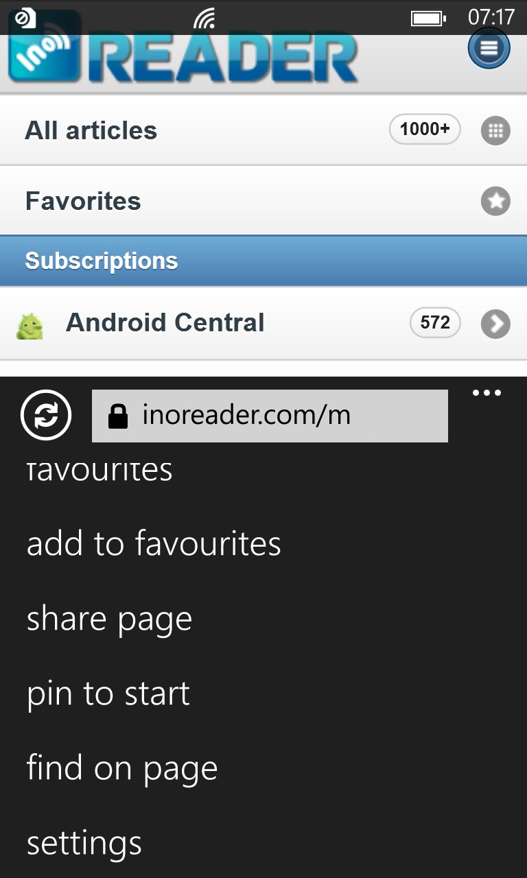 Screenshot, InoReader on Windows Phone