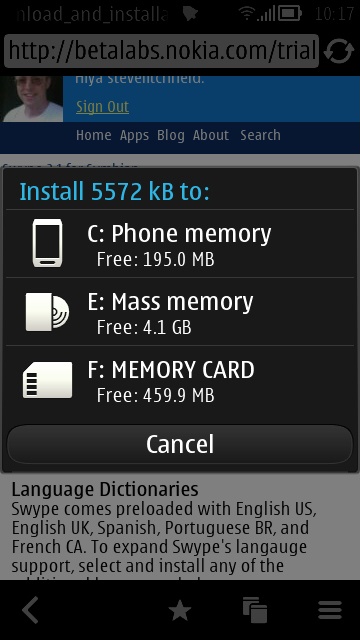 Screenshot, Swype for Symbian install