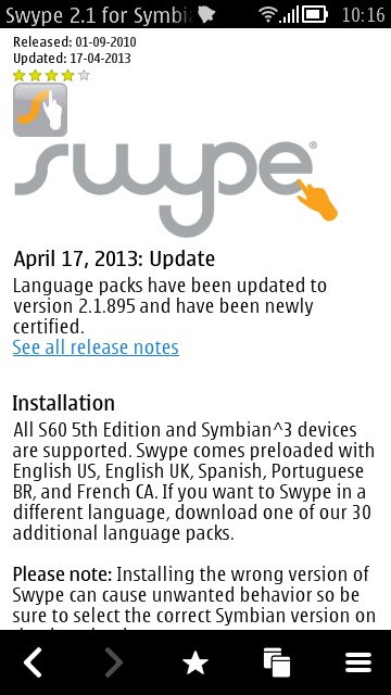 Screenshot, Swype for Symbian install