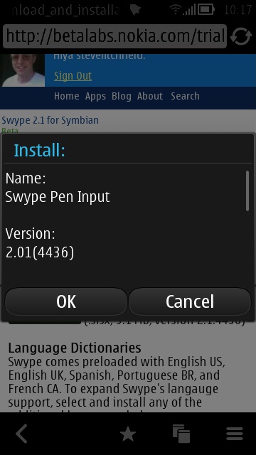 Screenshot, Swype for Symbian install